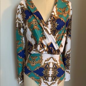 Vibrant Green and Blue Long Sleeve Wrap Bodysuit